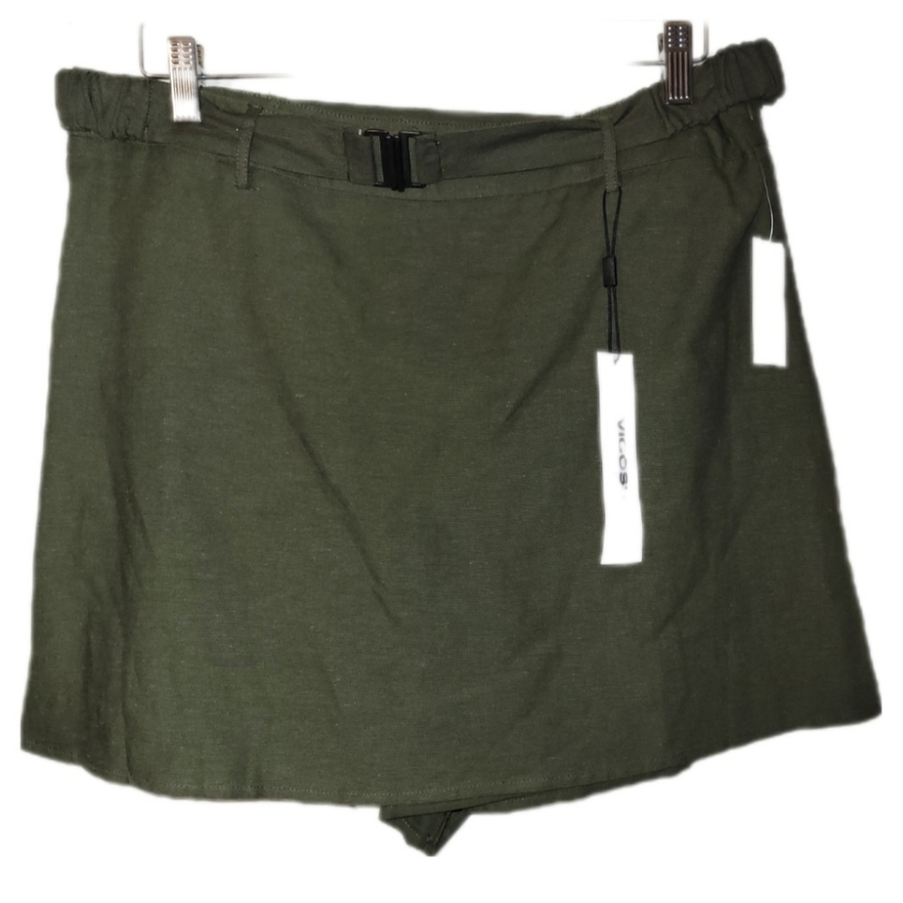 Vigoss Olive Green Cotton Linen Blend XL Belted Skort Casual Weekender Resort